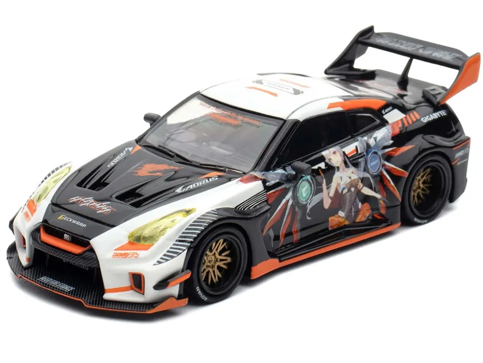 Nissan GT-R (R35) Widebody RHD (Right Hand Drive) Black and White with Graphics "AORUS X INNO64 Limited Edition" 1/64 Diecast Model Car by Inno Models