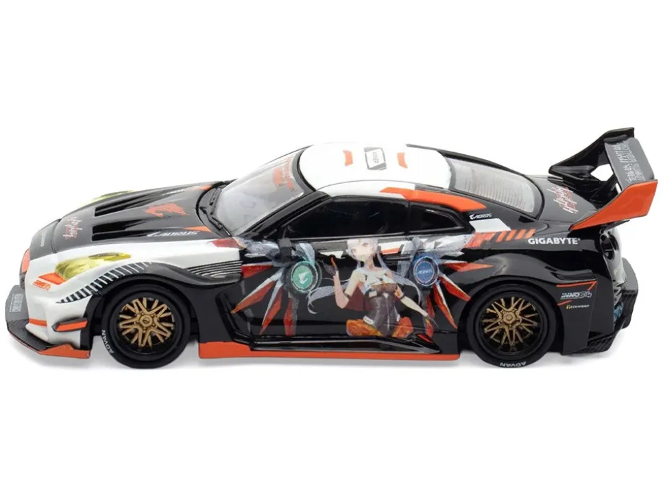Nissan GT-R (R35) Widebody RHD (Right Hand Drive) Black and White with Graphics "AORUS X INNO64 Limited Edition" 1/64 Diecast Model Car by Inno Models