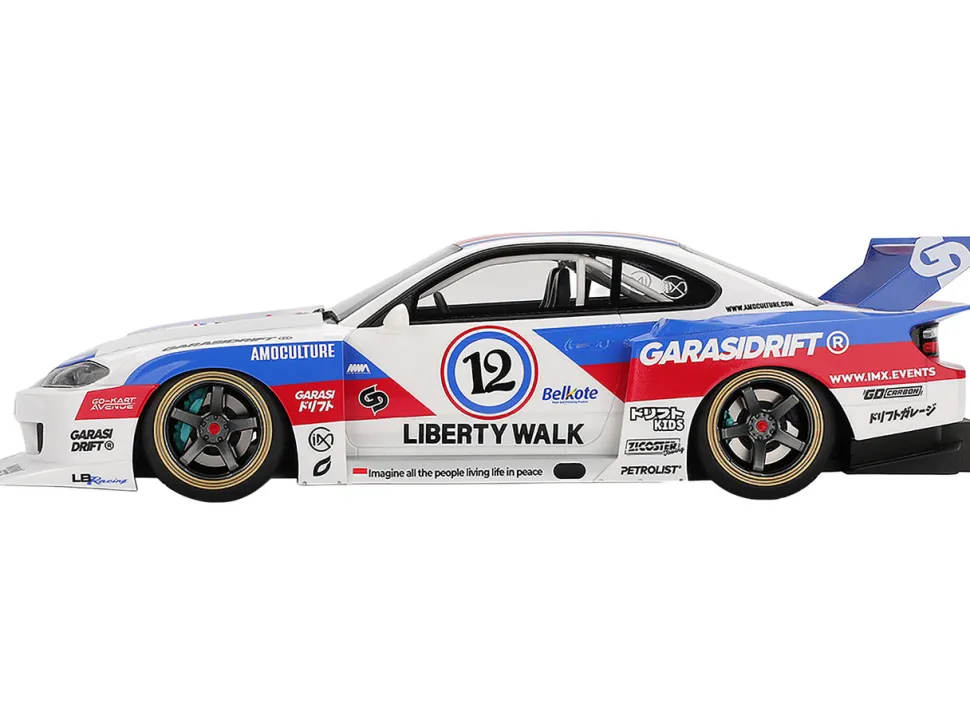 Nissan "LB-Super Silhouette" S15 SILVIA RHD (Right Hand Drive) #12 "GARASIDRIFT" White with Red and Blue Graphics 1/18 Model Car by Top Speed