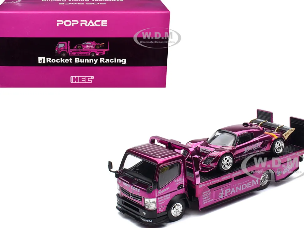 Nissan Pandem Fuso-300 Flatbed Truck RHD (Right Hand Drive) Purple Chrome and Lotus Pandem Elise Purple Chrome with Graphics 2 Car Box Set "Hobby Expo China 2026" 1/64 Diecast Model Car by Pop Race