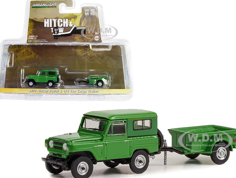 1972 Nissan Patrol Green with 1/4 Ton Cargo Trailer Hitch & Tow Series 25 1/64 Diecast Model Car Greenlight 32250A
