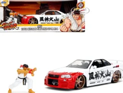 2002 Nissan Skyline GT-R (R34) RHD (Right Hand Drive) White with Red Graphics and Ryu Diecast Figure 