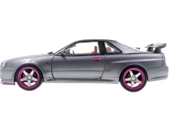 1999 Nissan Skyline GT-R (R34) RHD (Right Hand Drive) Silver Metallic with Purple Wheels 1/18 Diecast Model Car by Solido