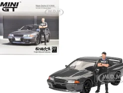 Nissan Skyline GT-R (R32) RHD (Right Hand Drive) Gunmetal Gray Metallic with Tsugio Matsuda Figure Limited Edition 1/64 Diecast Model Car by Mini GT