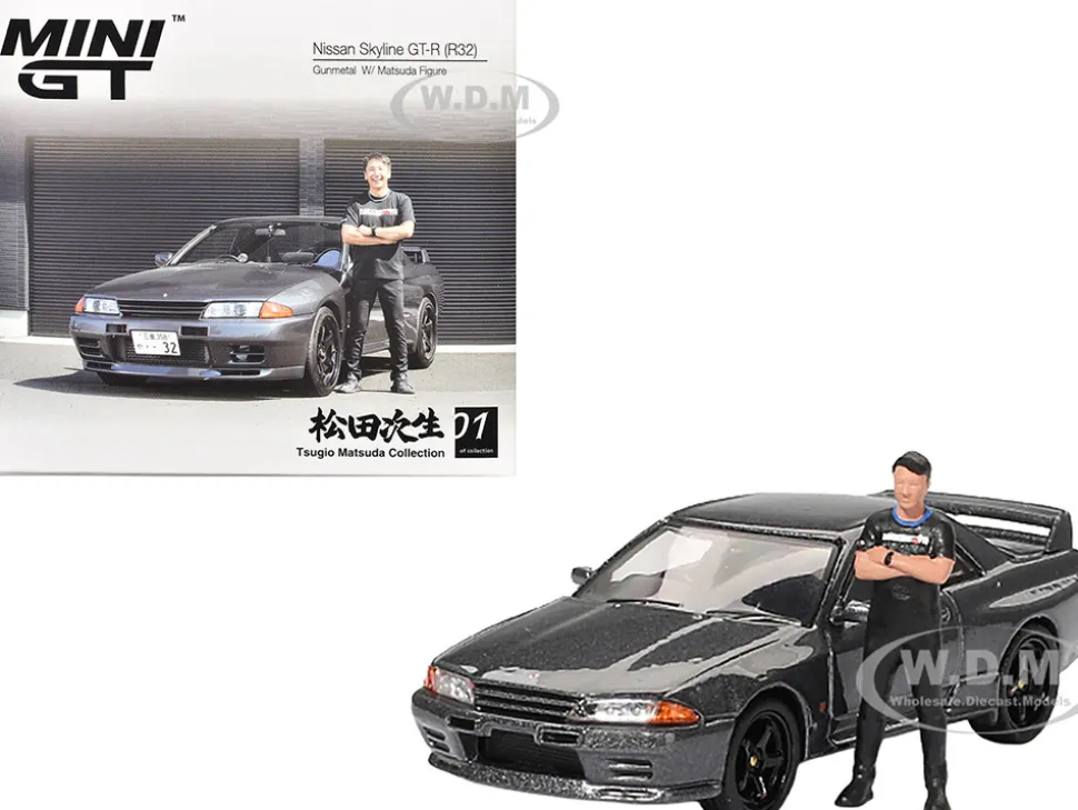 Nissan Skyline GT-R (R32) RHD (Right Hand Drive) Gunmetal Gray Metallic with Tsugio Matsuda Figure Limited Edition 1/64 Diecast Model Car by Mini GT