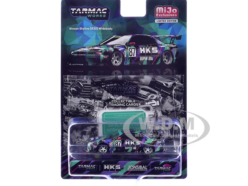 Nissan Skyline (R32) Widebody RHD (Right Hand Drive) #87 "HKS - Designed by Jon Sibal" Black with Graphics with Tarmac Cards "Global64" Series 1/64 Diecast Model by Tarmac Works