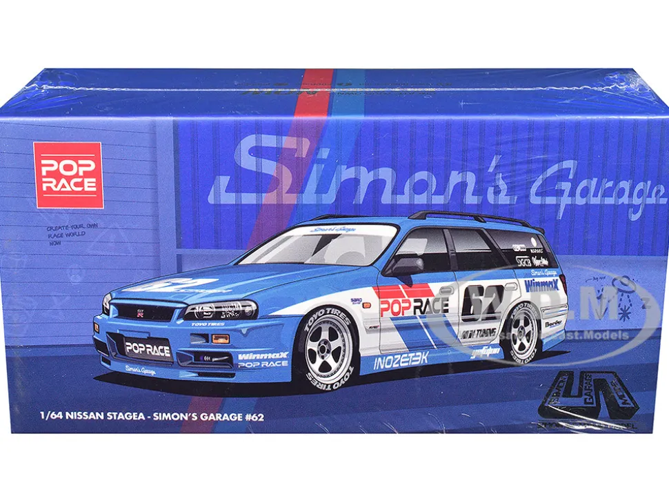 Nissan Stagea RHD (Right Hand Drive) #62 "Simon's Garage" Blue with White Sides 1/64 Diecast Model Car by Pop Race