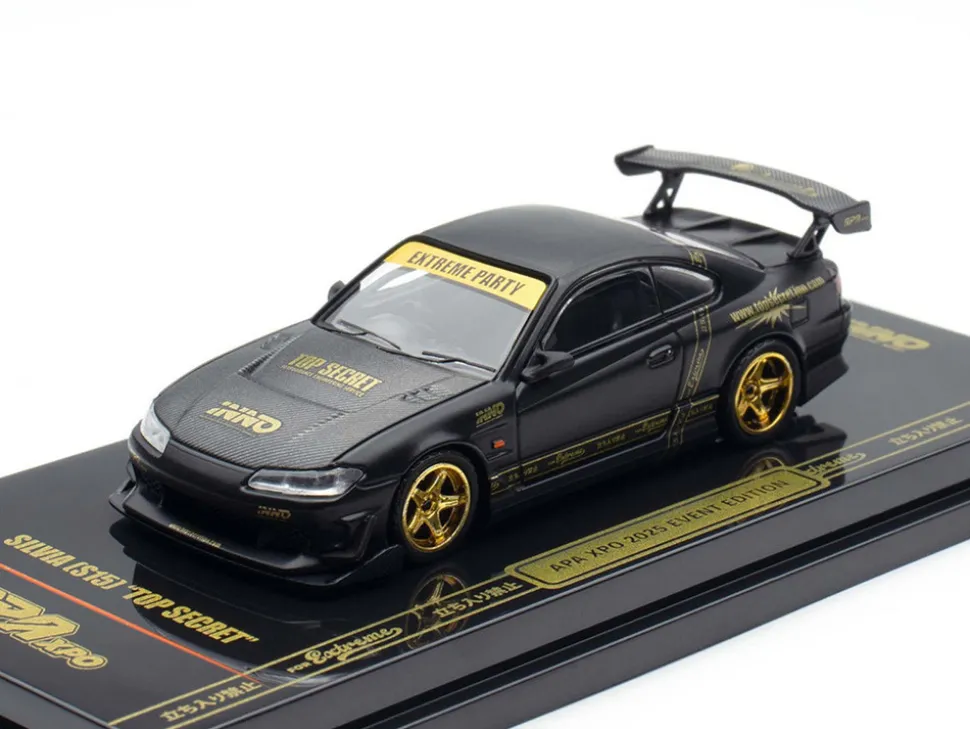 Nissan "Top Secret" Silvia (S15) RHD (Right Hand Drive) Matt Black with Carbon Hood "APA XPO 2025 Event Edition VIP Ticket Bundle" 1/64 Diecast Model Car by Inno Models