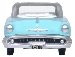 1957 Oldsmobile 88 Convertible Top Up Banff Blue and Alcan White with White 1/87 HO Scale Diecast Model Car Oxford Diecast 87OC57002