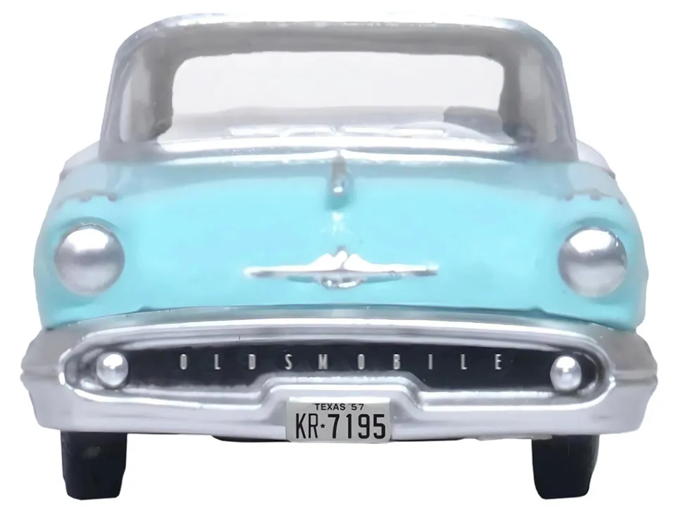 1957 Oldsmobile 88 Convertible Top Up Banff Blue and Alcan White with White 1/87 HO Scale Diecast Model Car Oxford Diecast 87OC57002