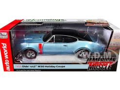 1968 Oldsmobile 442 W30 Holiday Coupe Teal Frost Metallic with Red Stripes and Black Vinyl Top 
