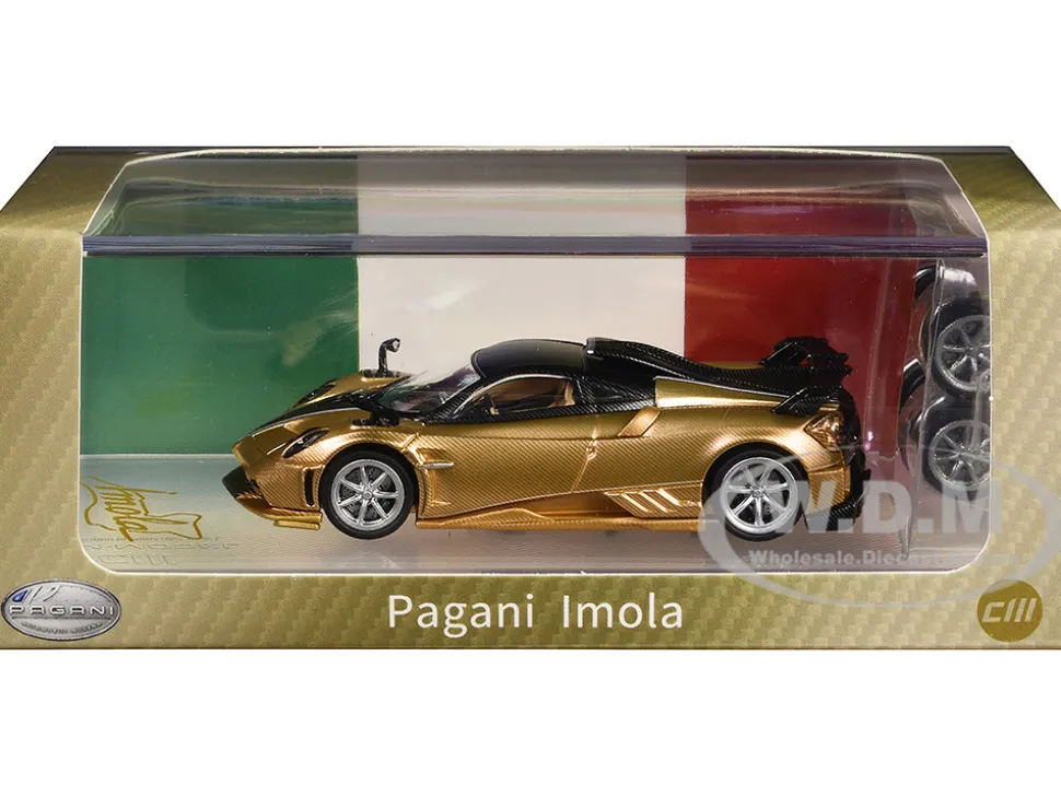 Pagani Imola Gold Carbon Metallic with Black Carbon Top with Extra Wheels 1/64 Diecast Model Car by CM Model