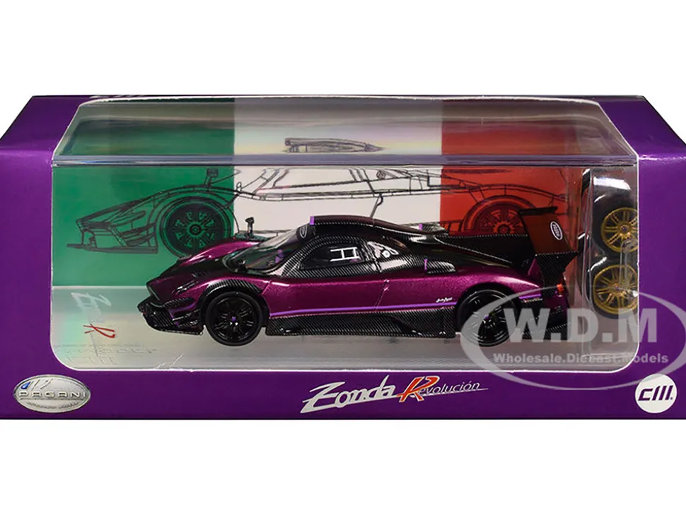 Pagani Zonda Revolucion Purple Metallic and Carbon with Extra Wheels 1/64 Diecast Model Car by CM Model