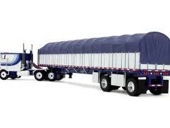 Peterbilt 352 COE 110" Sleeper and 53’ Wilson Roadbrute Flatbed Trailer with Covered Wagon White with Blue Stripes 1/64 Diecast Model by DCP/First Gear