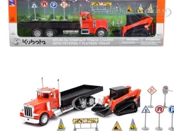 Peterbilt 379 Flatbed Truck Orange and Kubota SVL 95 2S Track Loader with Street Signs 1/32 Diecast Models New Ray SS-34023