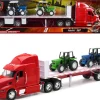 Peterbilt 387 Flatbed Truck Red with 2 Farm Tractors Blue and Green Long Haul Trucker Series 1/32 Diecast Model New Ray 10283A