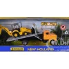Peterbilt 335 Roll-Off Flatbed Truck and New Holland B110C Backhoe Loader with Street Signs "New Holland Construction" Diecast Models by New Ray