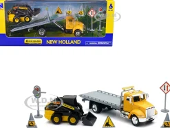 Peterbilt Roll Off Flatbed Truck Yellow and New Holland L228 Skid Steer Yellow with Road Signs New Holland Construction Series 1/43 Diecast Model New Ray 16173
