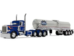Peterbilt 389 Tri-Axle Day Cab and Walker Food Grade Tank Trailer "Finnesgard Trucking" Blue with Orange Stripes 1/64 Diecast Model by DCP/First Gear