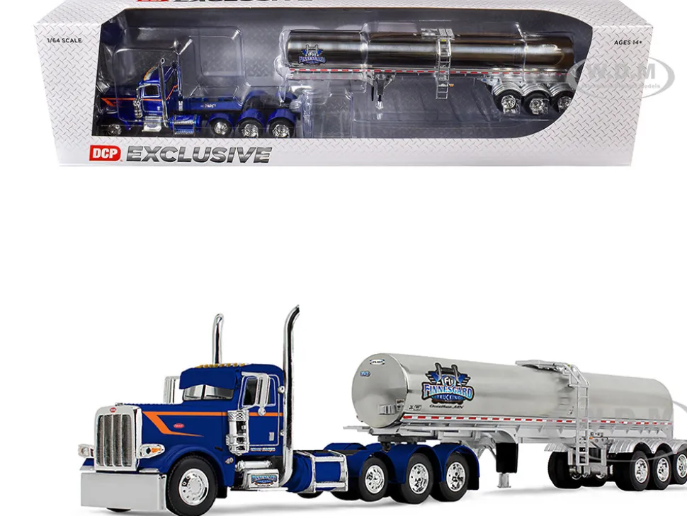Peterbilt 389 Tri-Axle Day Cab and Walker Food Grade Tank Trailer "Finnesgard Trucking" Blue with Orange Stripes 1/64 Diecast Model by DCP/First Gear