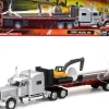 Peterbilt 389 Truck with Flatbed Trailer Silver Metallic with Excavator and Wind Turbine Long Haul Truckers Series 1/32 Diecast Model New Ray SS-10333B