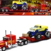 Peterbilt 379 Truck with Lowboy Trailer Red with Orange Flames and Monster Truck Yellow with Blue Flames Long Haul Truckers Series 1/32 Diecast Model New Ray SS-11263A