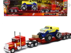 Peterbilt 379 Truck with Lowboy Trailer Red with Orange Flames and Monster Truck Yellow with Blue Flames Long Haul Truckers Series 1/32 Diecast Model New Ray SS-11263A