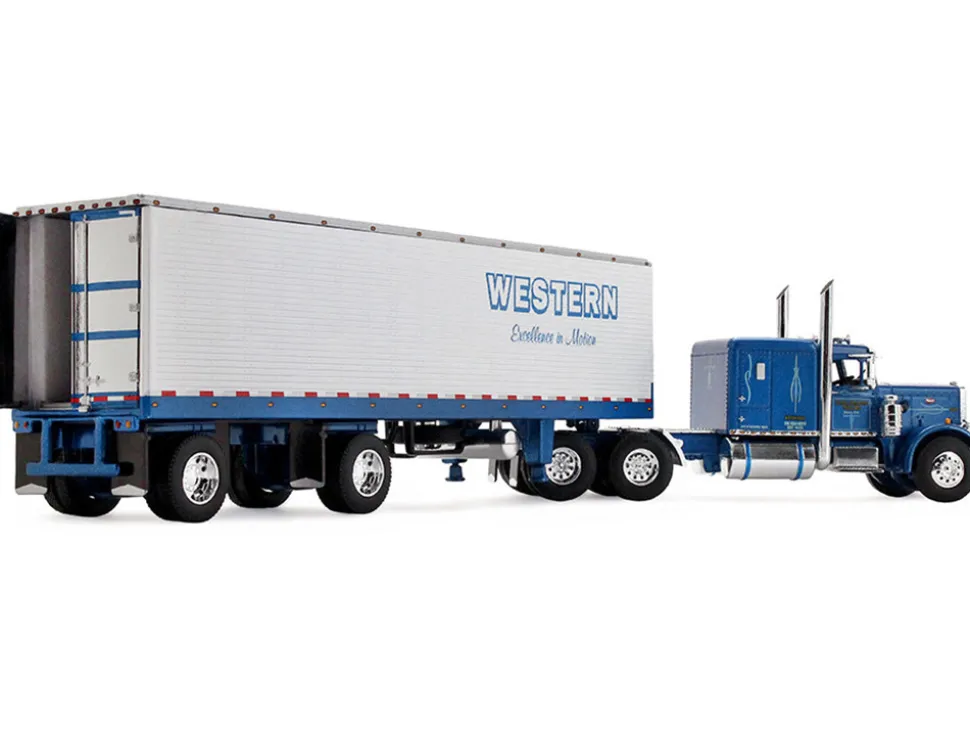 Peterbilt 351 with 63" Flat Top Sleeper and 40' Vintage Trailer with Reefer "Western Distributing" Blue Metallic and White 1/64 Diecast Model by DCP/First Gear