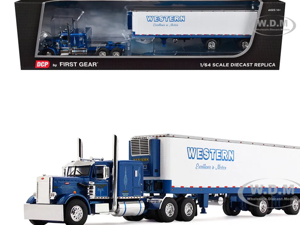 Peterbilt 351 with 63" Flat Top Sleeper and 40' Vintage Trailer with Reefer "Western Distributing" Blue Metallic and White 1/64 Diecast Model by DCP/First Gear