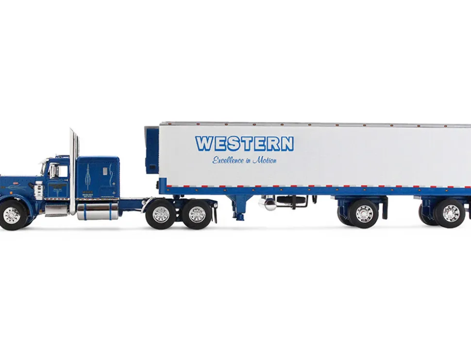 Peterbilt 351 with 63" Flat Top Sleeper and 40' Vintage Trailer with Reefer "Western Distributing" Blue Metallic and White 1/64 Diecast Model by DCP/First Gear