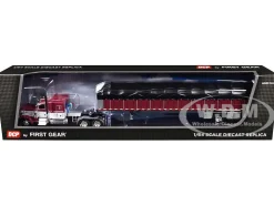 Peterbilt 389 with 63" Flat Top Sleeper and 53’ Wilson Roadbrute Flatbed Trailer with Covered Wagon Maroon with White Stripes 1/64 Diecast Model by DCP/First Gear