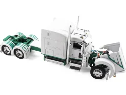 Peterbilt 389 with 63" Mid-Roof Sleeper and 53' Utility Trailer White with Green Stripes 1/64 Diecast Model by DCP/First Gear
