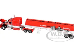 Peterbilt 389 with 63" Mid-Roof Sleeper and Heil Fuel Tank Trailer "Busted Knuckle Garage" Red and White 1/64 Diecast Model by DCP/First Gear