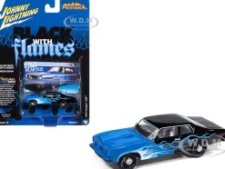 1974 Pontiac GTO Black and Blue with Blue Flame Graphics with White Interior 