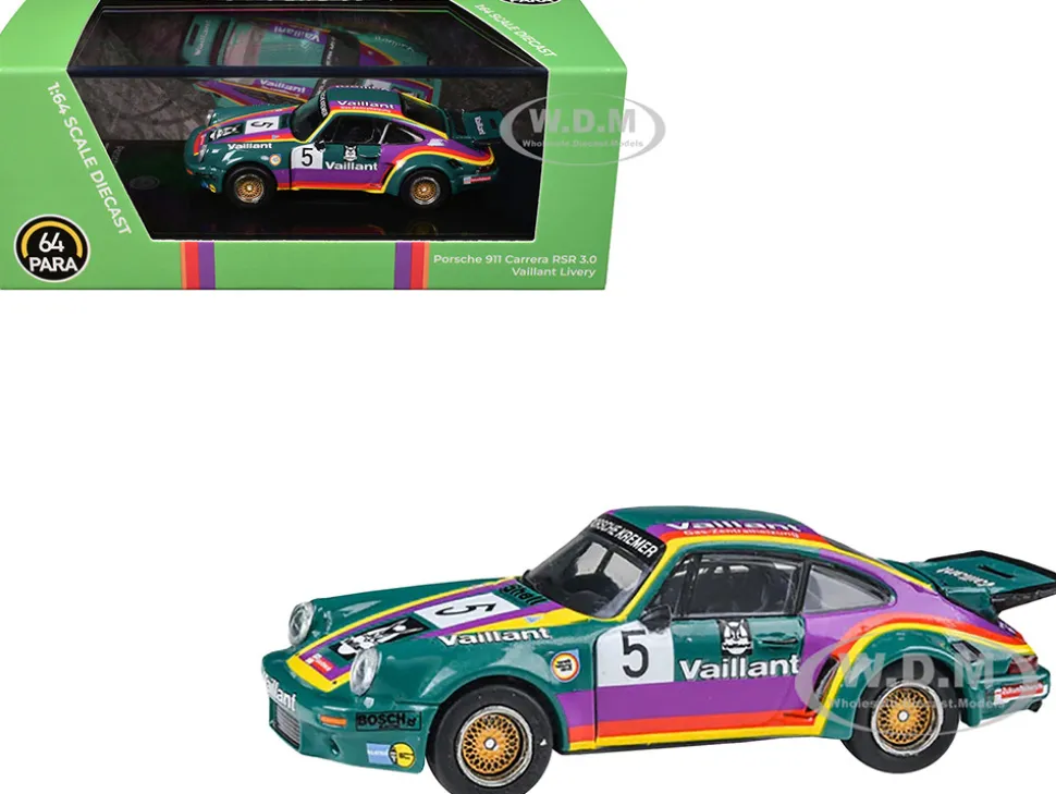 1975 Porsche 911 Carrera RSR 3.0 #5 "Kremer Racing - Vaillant" Green with Stripes 1/64 Diecast Model Car by Paragon Models
