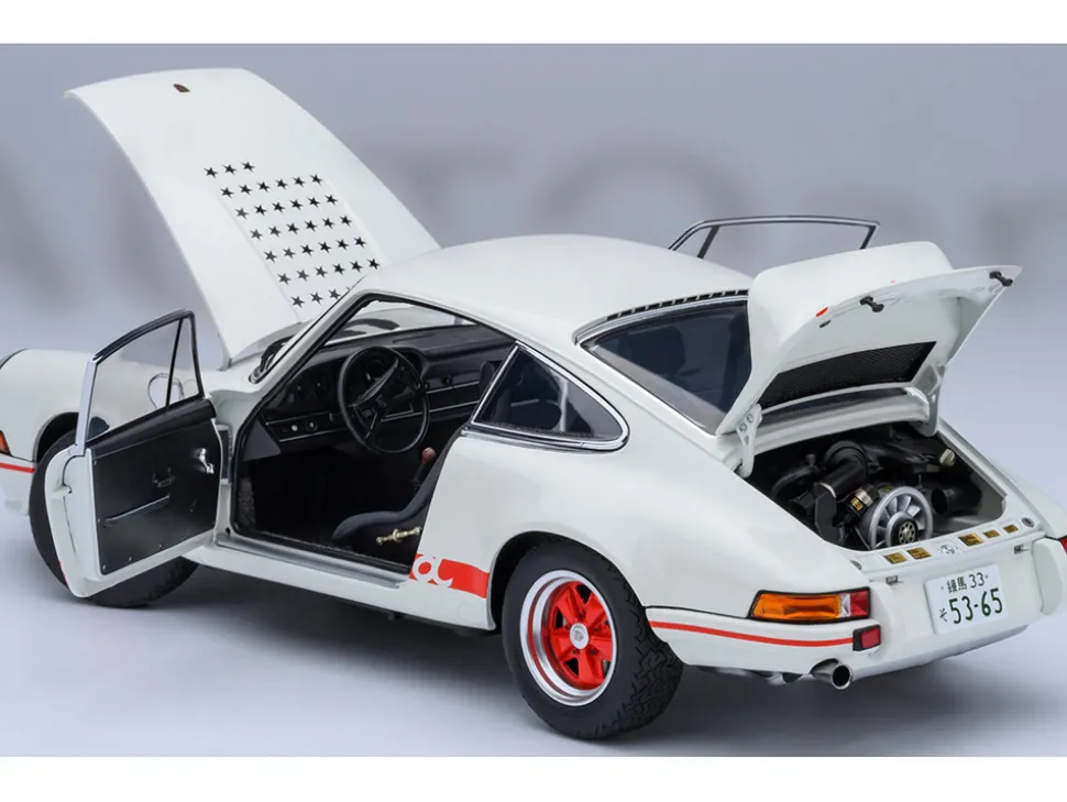 Porsche 911 Carrera 2.7 RS "The Circuit Wolf" White with Red Stripes and Wheels with Hood Graphics 1/18 Model Car by Autoart