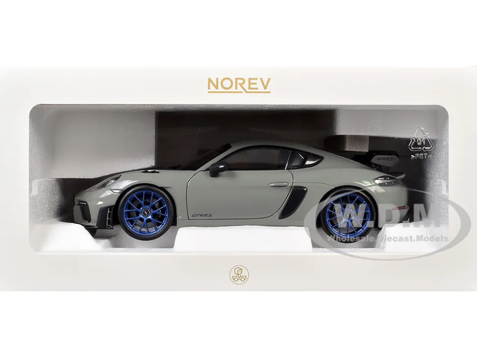 2023 Porsche Cayman GT4 RS Weissach Pack Chalk Gray with Carbon Hood Stripes 1/18 Diecast Model Car by Norev