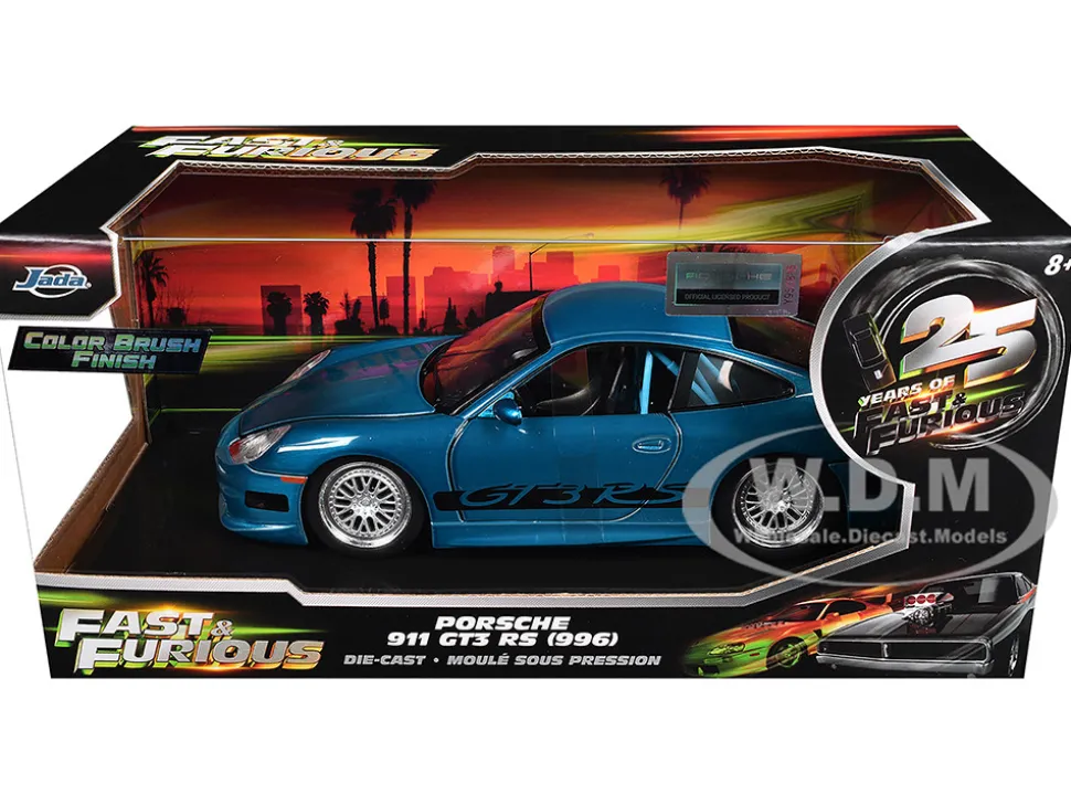 Porsche 911 GT3 RS (996) Blue Color Brush Finish "Fast Five" (2011) Movie "25 Years of Fast & Furious" Series 1/24 Diecast Model Car by Jada