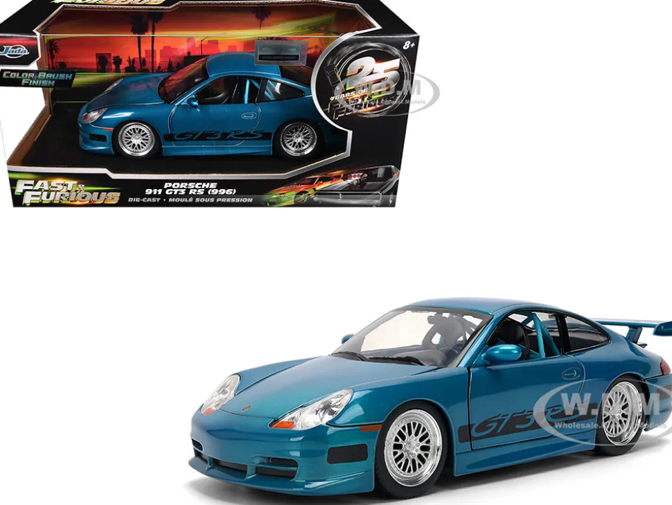 Porsche 911 GT3 RS (996) Blue Color Brush Finish "Fast Five" (2011) Movie "25 Years of Fast & Furious" Series 1/24 Diecast Model Car by Jada