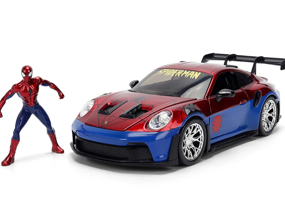 Porsche 911 GT3 RS (992) Red and Blue with Graphics and Spider-Man Diecast Figure "Marvel Spider-Man" "Hollywood Rides" Series 1/24 Diecast Model Car by Jada