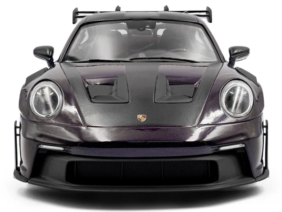 2024 Porsche 911 GT3 RS Weissach Package Viola Purple Metallic with Carbon Hood Stripes and Top 1/18 Diecast Model Car by Solido