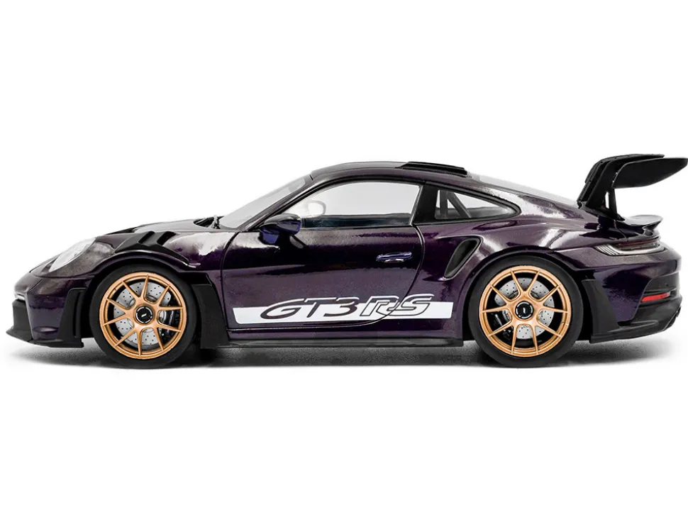 2024 Porsche 911 GT3 RS Weissach Package Viola Purple Metallic with Carbon Hood Stripes and Top 1/18 Diecast Model Car by Solido