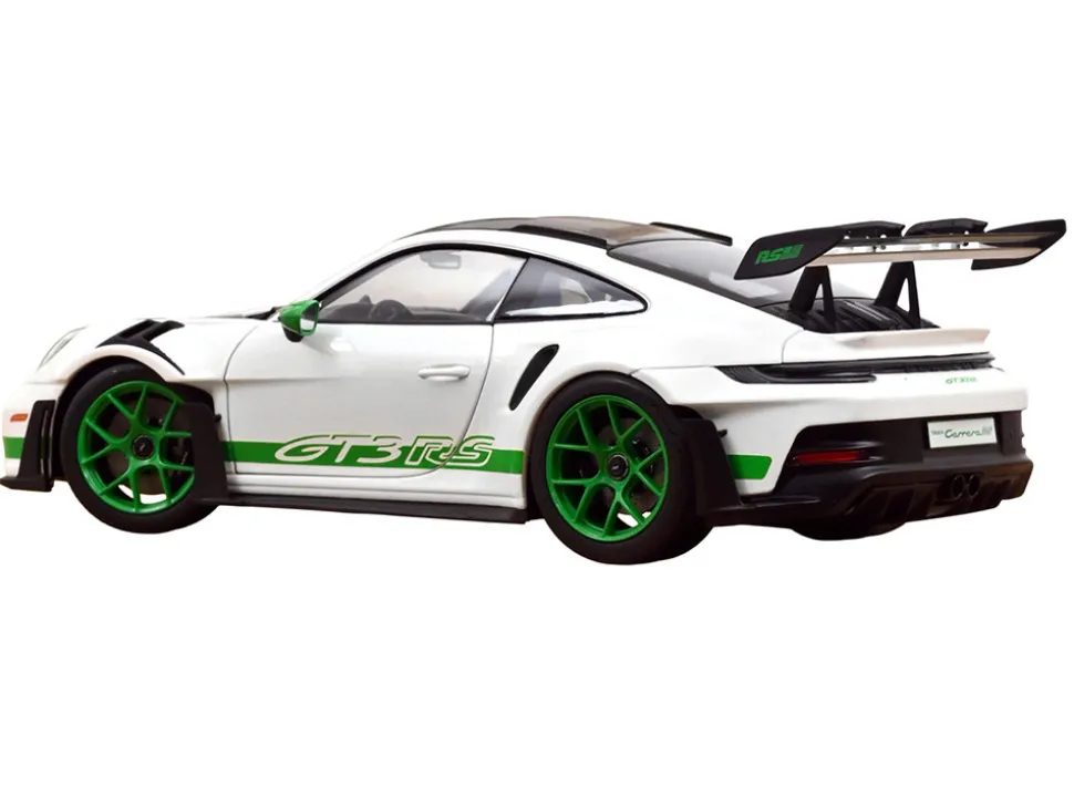 2022 Porsche 911 GT3 RS Weissach Pack White with Green Stripes And Carbon Hood and Top 1/18 Diecast Model Car by Norev