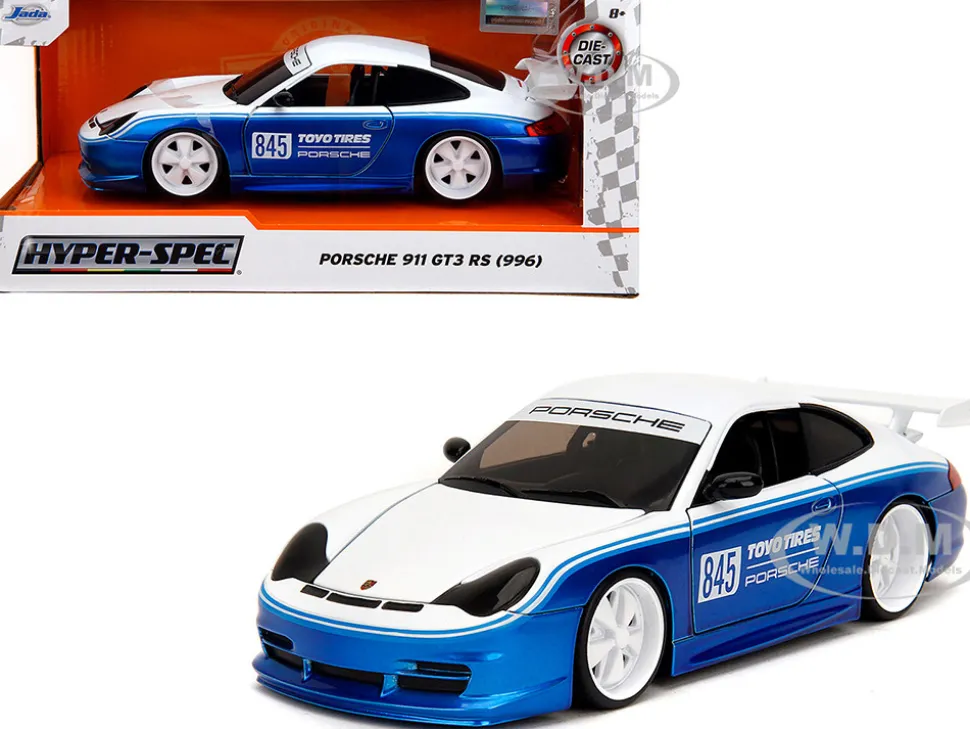 Porsche 911 GT3 RS (996) #845 White and Blue Metallic "Toyo Tires" "Hyper-Spec" Series 1/24 Diecast Model Car by Jada