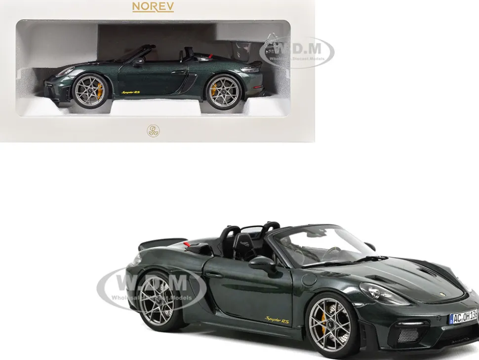 2023 Porsche 718 Spyder RS Weissach Pack Forest Green Metallic with Carbon Hood Stripes 1/18 Diecast Model Car by Norev