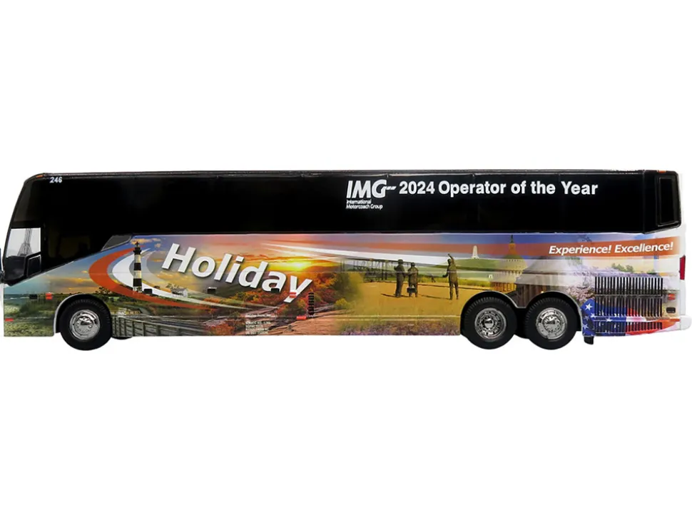 Prevost H3-45 Coach Bus "Holiday Tours - 2024 IMG Operator of the Year" White with Graphics Limited Edition 1/64 Diecast Model by Iconic Replicas