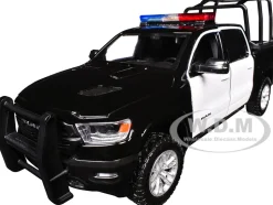 2019 RAM 1500 Laramie Crew Cab Pickup Truck with Bed Cage Black and White with Flashing Light Bar and Front and Rear Lights and Sounds 1/27 Diecast Model Car by Motormax