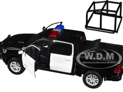 2019 RAM 1500 Laramie Crew Cab Pickup Truck with Bed Cage Black and White with Flashing Light Bar and Front and Rear Lights and Sounds 1/27 Diecast Model Car by Motormax