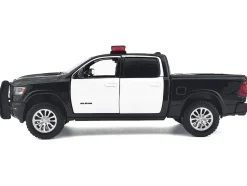 2019 RAM 1500 Laramie Crew Cab Pickup Truck Black and White with Flashing Light Bar and Front and Rear Lights and Sounds 1/27 Diecast Model Car by Motormax