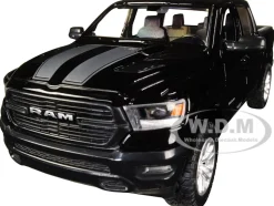 2019 RAM 1500 Laramie Crew Cab Pickup Truck Black Silver Stripes 1/24 Diecast Model Car Motormax 79357
